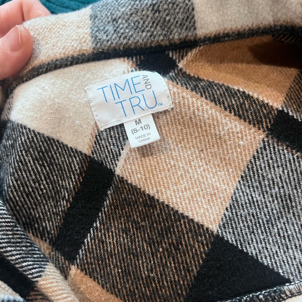 Time & True Plaid Shacket Pockets Black,Tan,&White Cottagecore Whimsy Urban - Picture 3 of 11